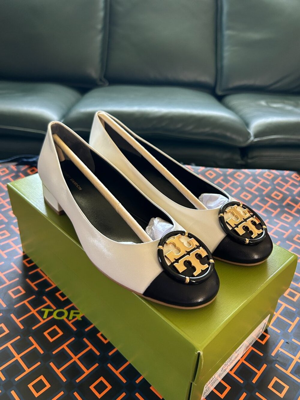Tory Burch Multi Logo Cap-Toe Block Heel Flat New Ivory/Black Size 6.5